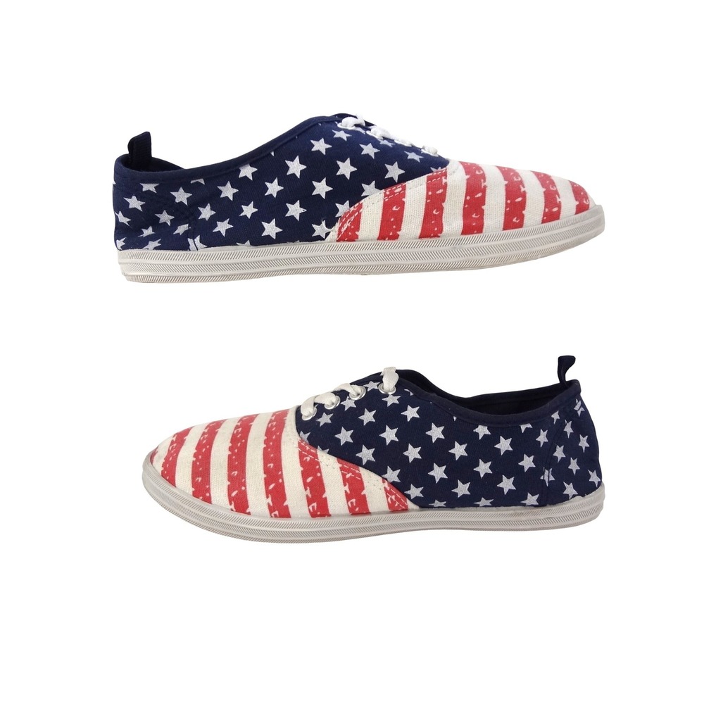 USA Womens 9 American Flag Canvas Lace Up Sneakers Red White Blue Stars Stripes - Picture 2 of 8